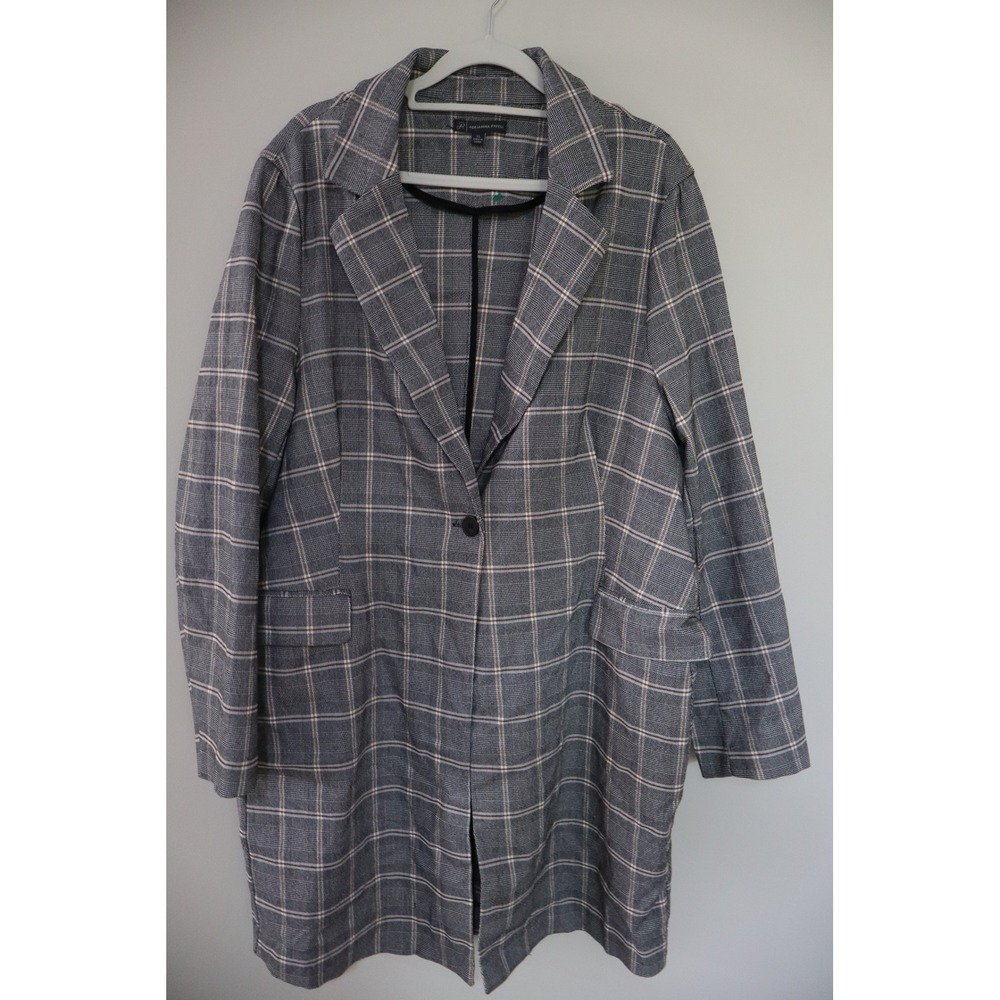 Dark Academia Preppy Adrianna Papell Blazer XL Grey Plaid Longline Single Button